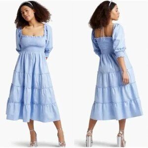 Hill House Nesli Nap Midi Dress Puffy Sleeves Tiered Smocked Ruffle Metallic S